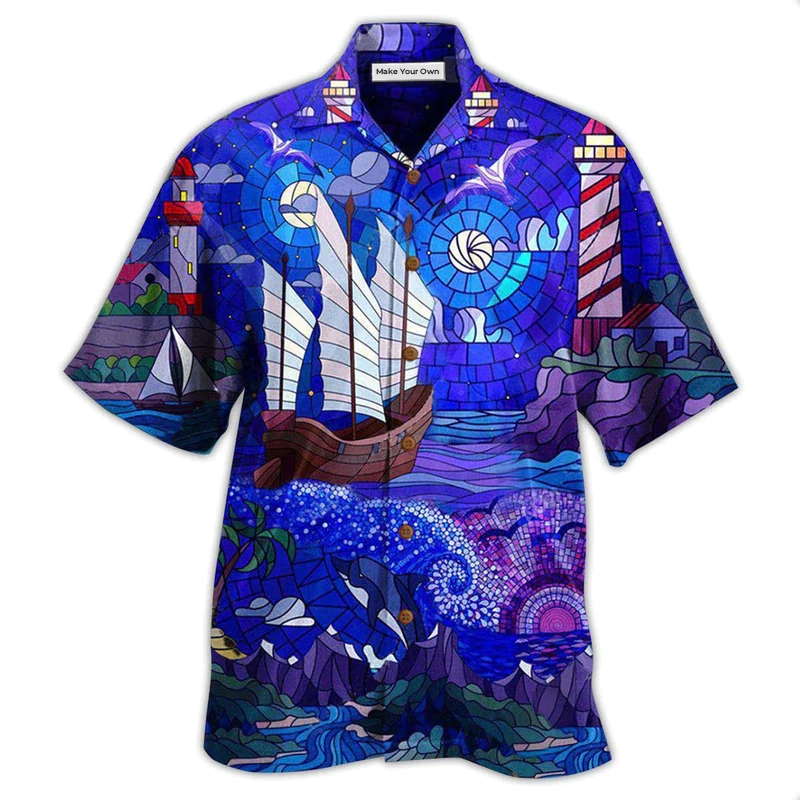 Stained Glass Lighthouse Hawaiian Shirt For Tropical Getaways Outdoor Fun And Everyday Wear