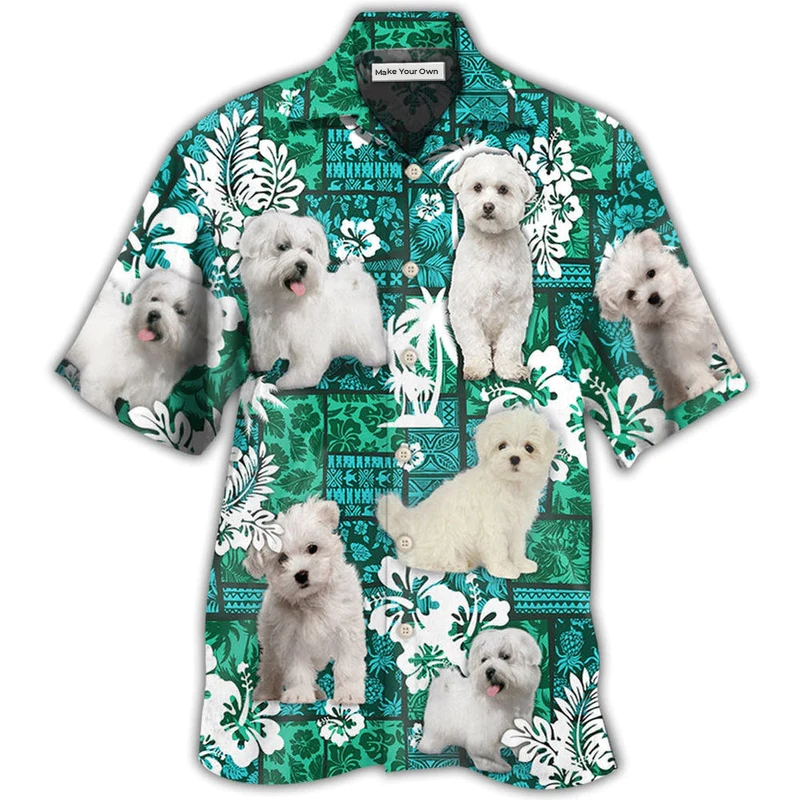 Green Tropical Dog Maltese Hawaiian Shirt Artwork Detail For Resort Trips And Outdoor Activities