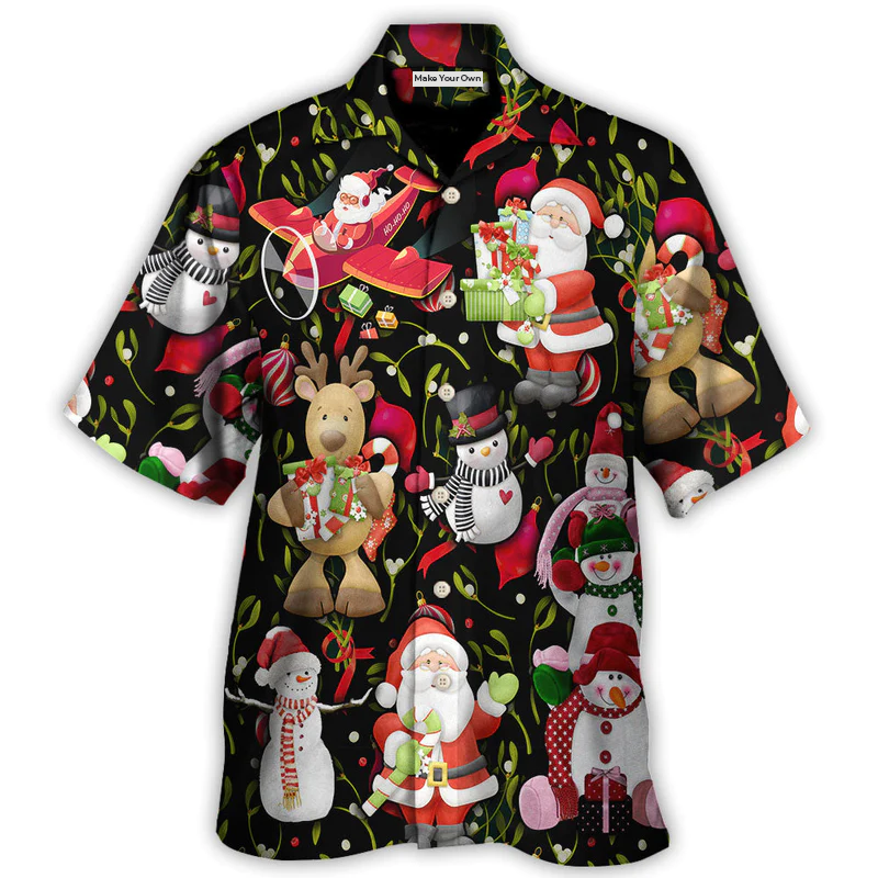Festive Cheerful Christmas Santa Snowman Hawaiian Shirt Summer Design Detail For Warm Weather Events