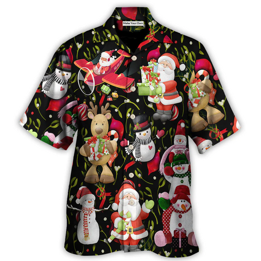 Festive Cheerful Christmas Santa Snowman Hawaiian Shirt Summer Design Detail For Warm Weather Events