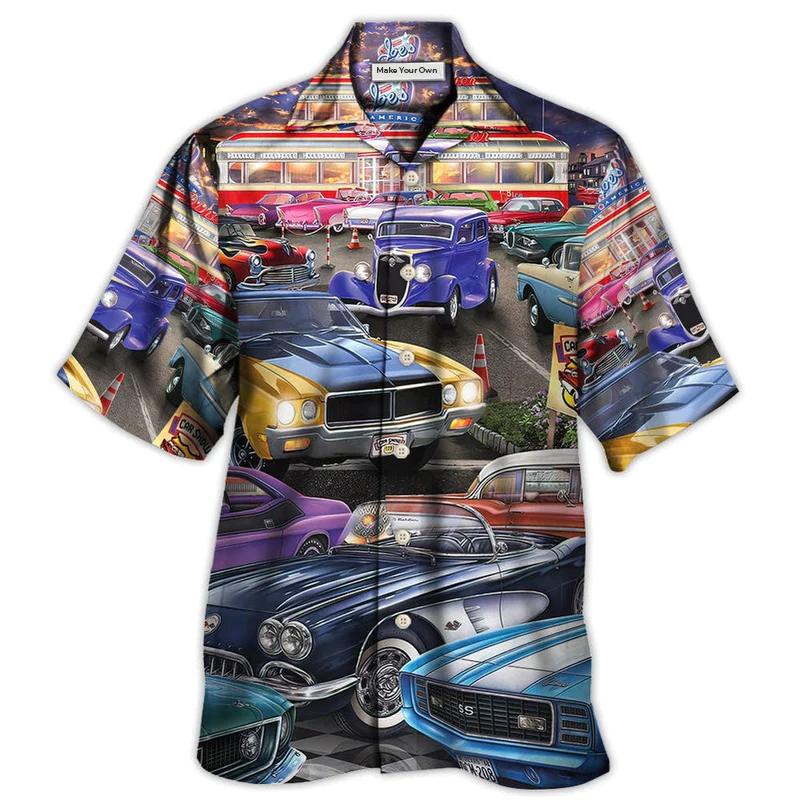 Classic Car Show Hawaiian Shirt Pattern Detail For Summer Holidays And Outdoor Fun