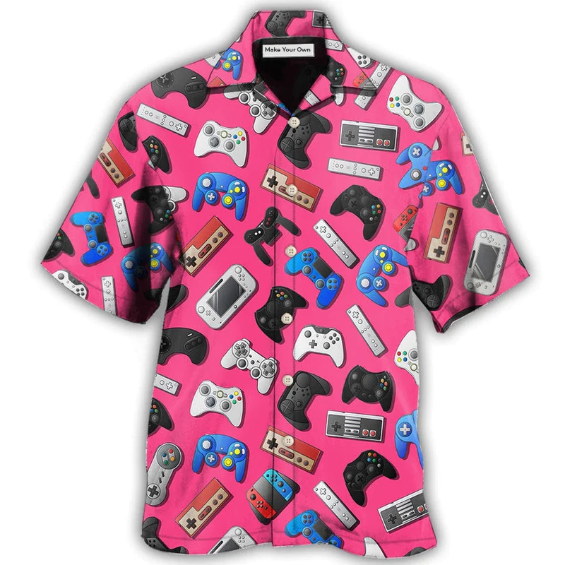 Pink Retro Gaming Hawaiian Shirt For Tropical Escapes Resort Wear And Outdoor Celebrations