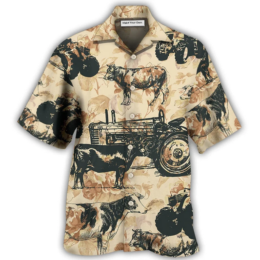 Tractor Cow Hawaiian Shirt Artwork Detail For Resort Trips And Outdoor Activities