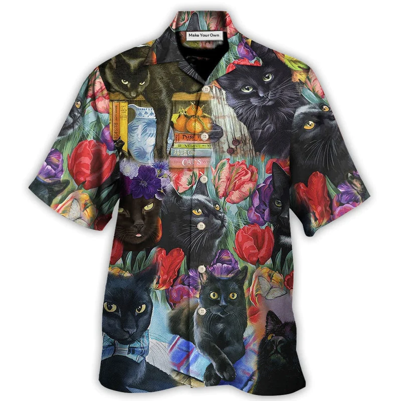 Black Floral Cat Hawaiian Shirt For Beach Parties And Weekend Getaways