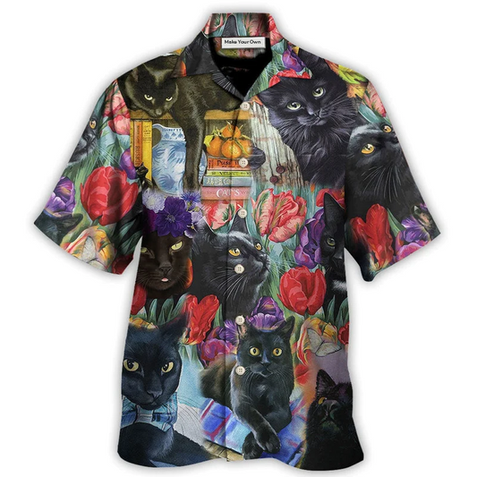 Black Floral Cat Hawaiian Shirt For Beach Parties And Weekend Getaways