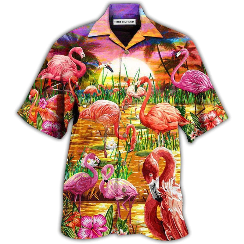 Flamingo Romantic Sunset Hawaiian Shirt For Beach Parties And Weekend Getaways
