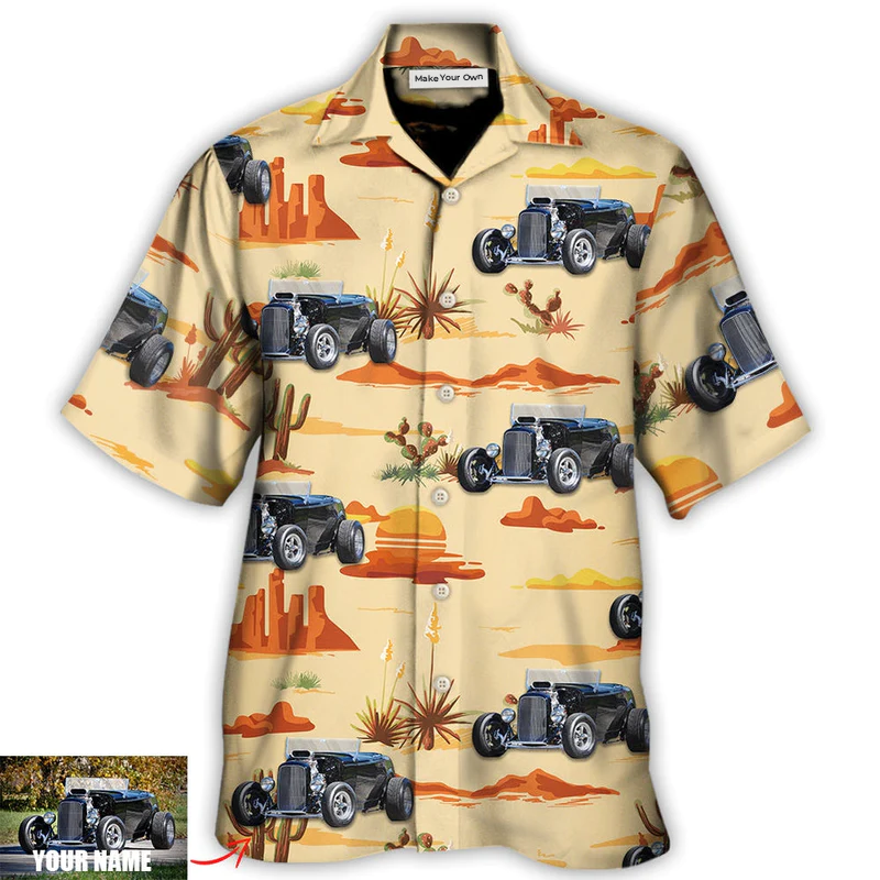 Vintage Hot Rod Landscape Cowboy Custom Photo Hawaiian Shirt Design View For Casual Summer Styling