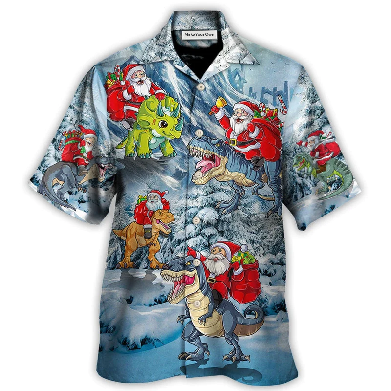 Dinosaur Christmas Riding Tree Gift Light Hawaiian Shirt Design View For Casual Summer Styling