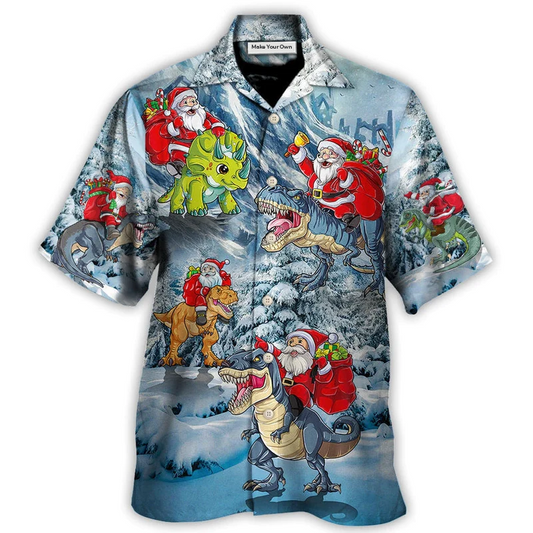 Dinosaur Christmas Riding Tree Gift Light Hawaiian Shirt Design View For Casual Summer Styling