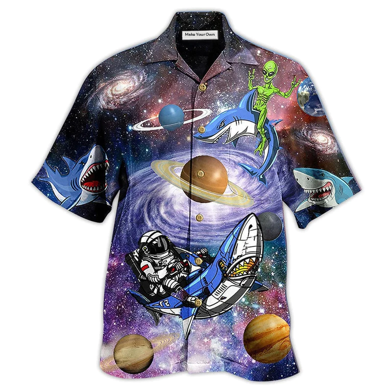 Alien Shark Space Hawaiian Shirt For Coastal Adventures And Warm Weather Wear