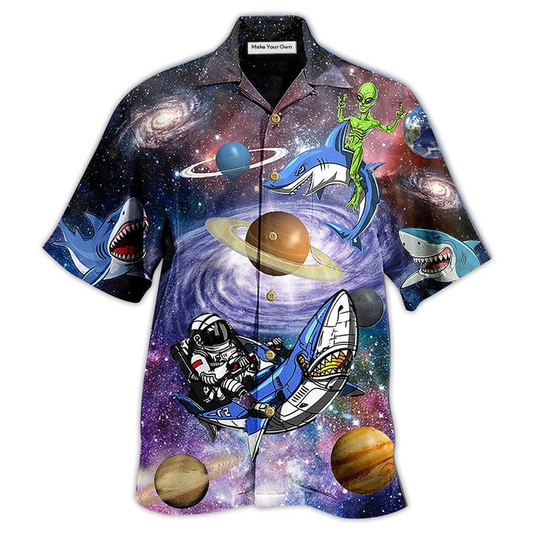 Alien Shark Space Hawaiian Shirt For Coastal Adventures And Warm Weather Wear
