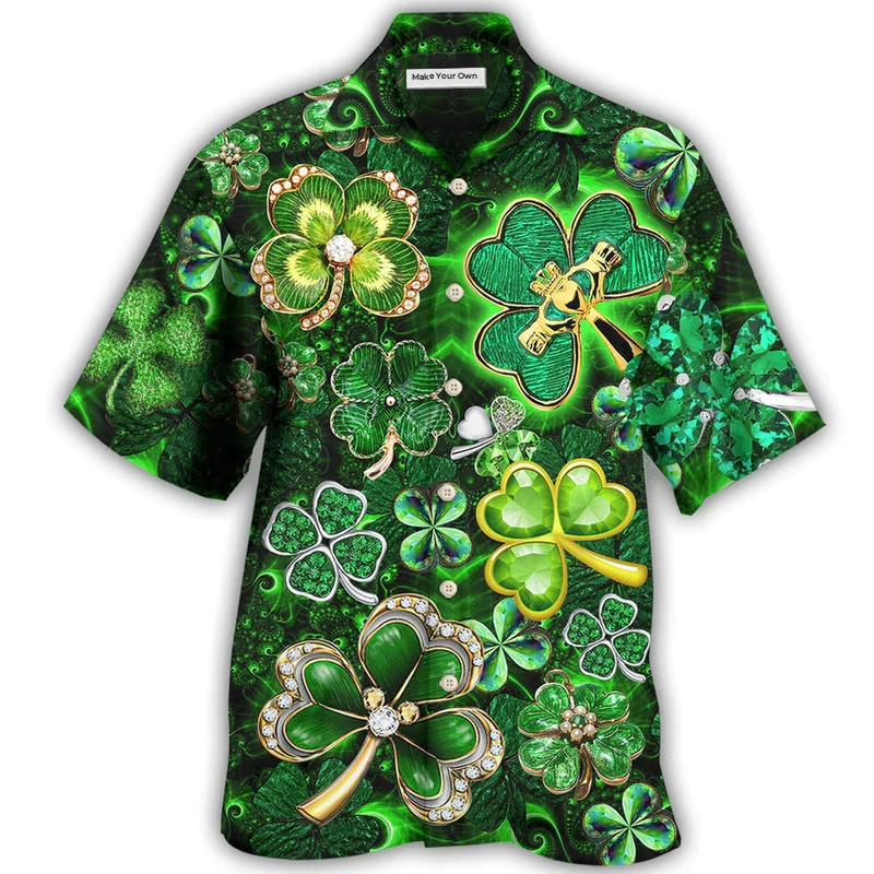 Irish Shamrock Leaf Diamond Hawaiian Shirt For Beach Parties And Weekend Getaways