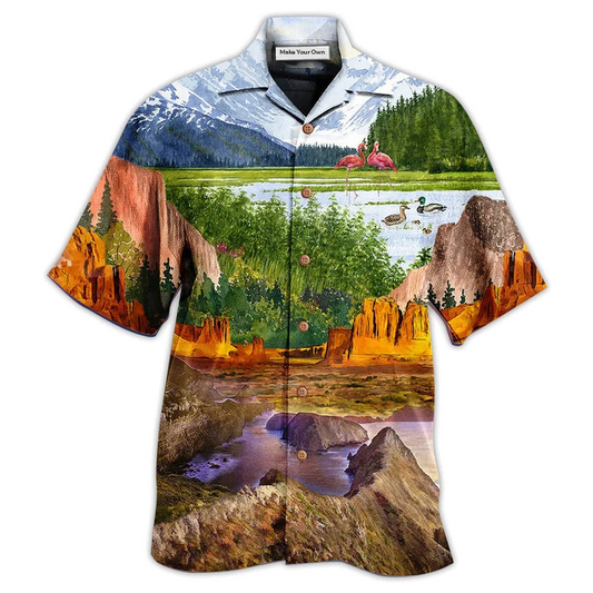Camping Flamingo Landscape Hawaiian Shirt Artwork Detail For Resort Trips And Outdoor Activities