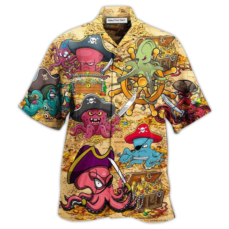 Octopus Captain Pirates Hawaiian Shirt Pattern Detail For Vacation Travel And Daily Wear