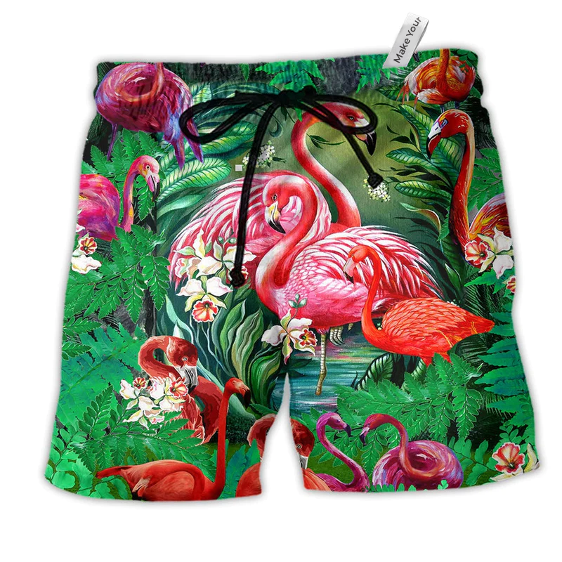 Flamingo Love Life Floral Hawaiian Print Beach Shorts For Resort Trips And Poolside Style