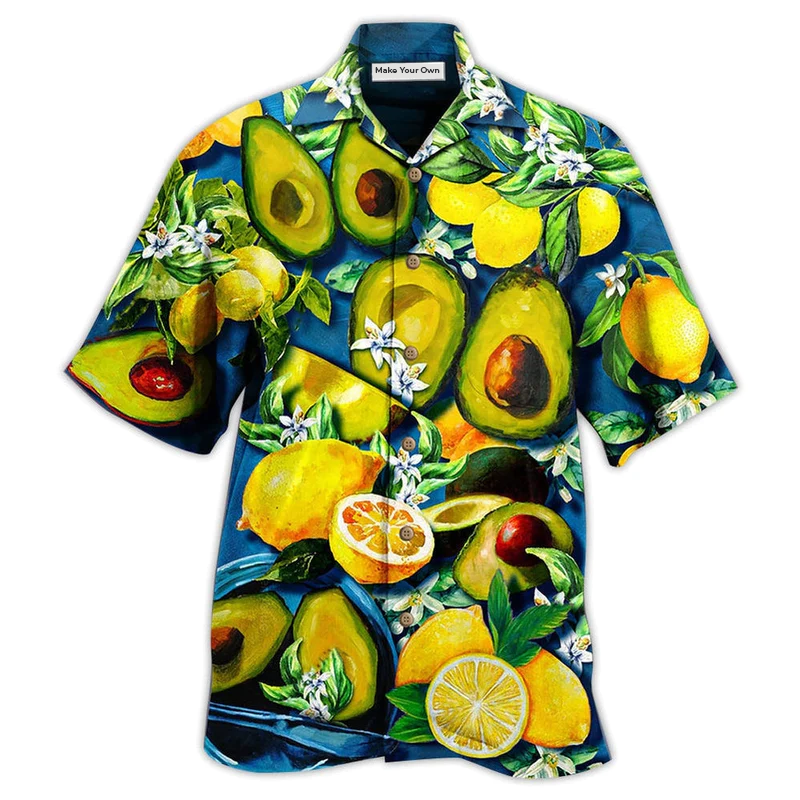 Fruit Avocado Lemon Summer Hawaiian Shirt For Vacation Days And Relaxed Coastal Outings
