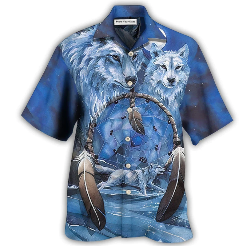 Bohemian Blue Wolf Peace Hawaiian Shirt Artwork View For Coastal Escapes And Resort Style