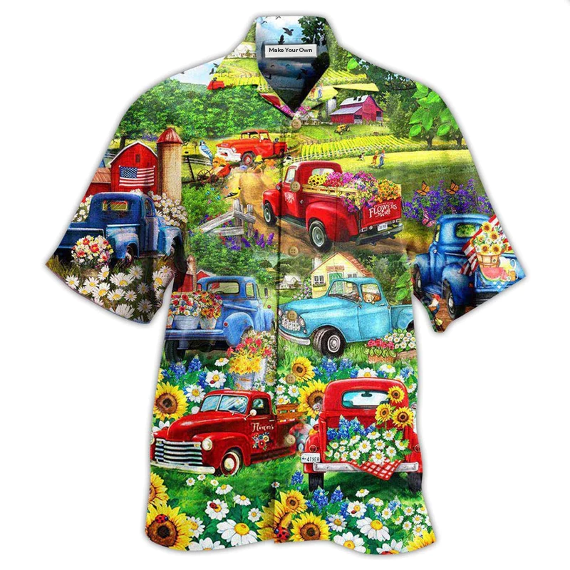 Floral Truck Pickup Field Hawaiian Shirt Artwork Detail For Resort Trips And Outdoor Activities