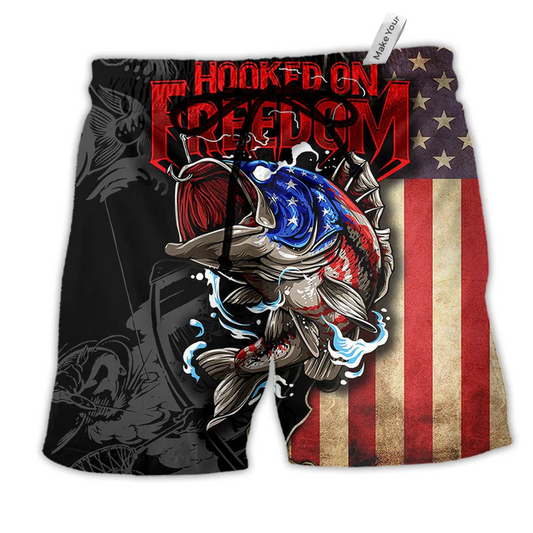Fishing Hooked On Freedom Cool Hawaiian Print Beach Shorts For Outdoor Gatherings And Comfort