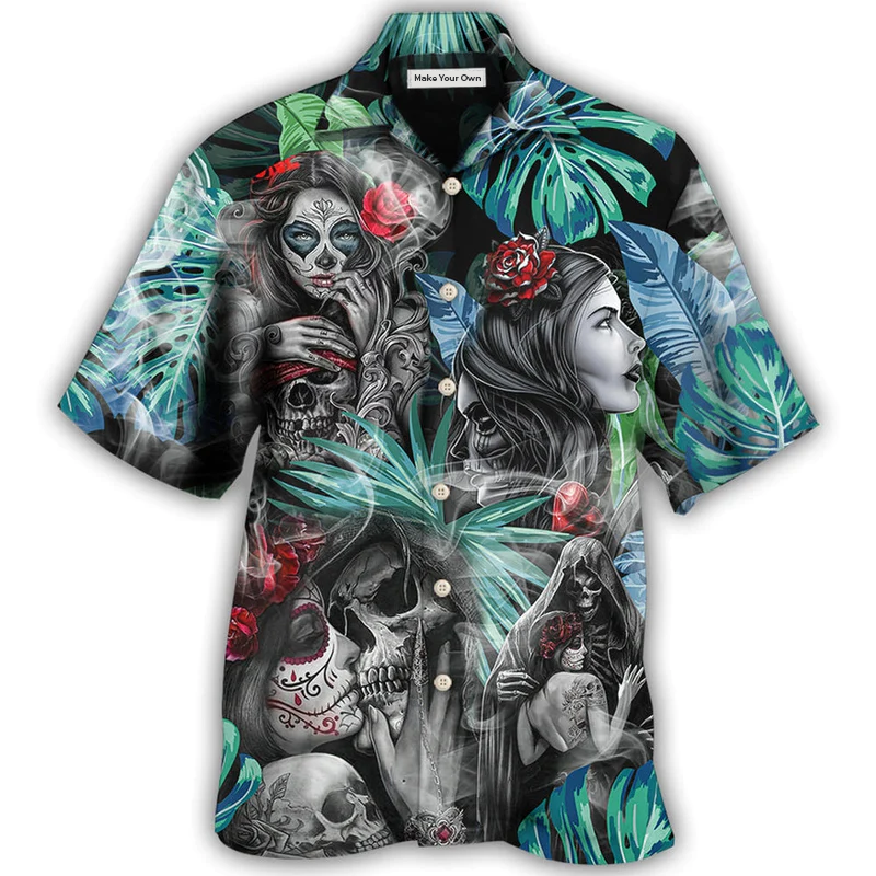 Tropical White Red Floral Skull Smoke Hawaiian Shirt For Coastal Adventures And Warm Weather Wear