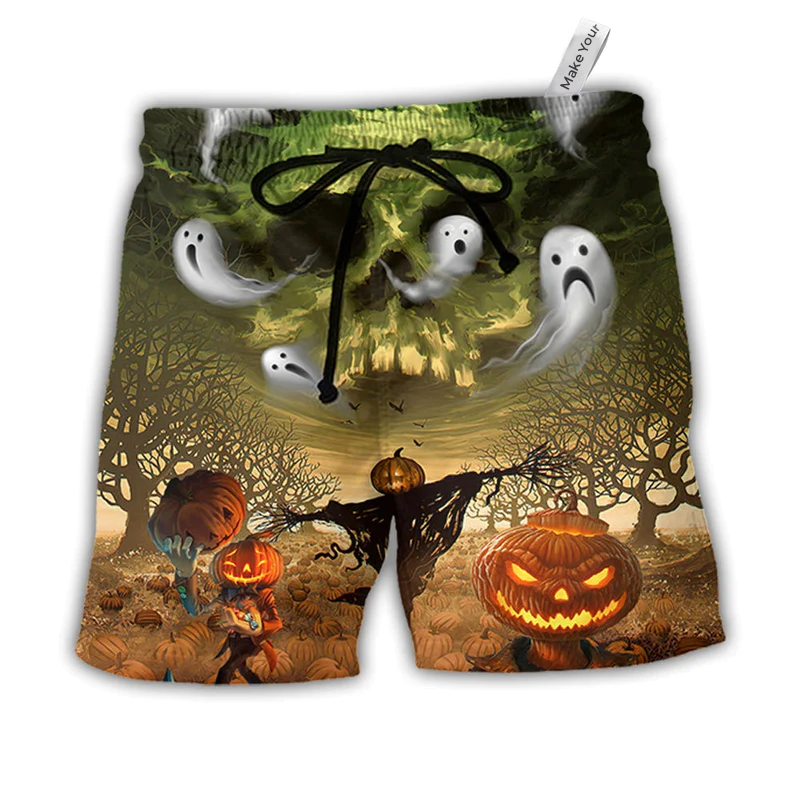 Halloween Pumpkin Crazy Ghost Hawaiian Print Beach Shorts For Bold Summer Vacation Style