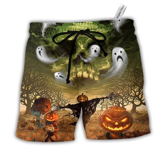 Halloween Pumpkin Crazy Ghost Hawaiian Print Beach Shorts For Bold Summer Vacation Style