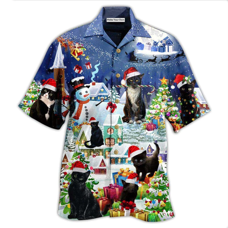 Black Festive Cat Catmas Hawaiian Shirt Pattern Detail For Summer Holidays And Outdoor Fun