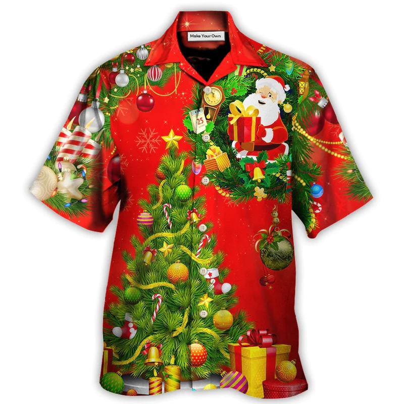 Red Christmas Tree Hawaiian Shirt Design Detail For Sunny Adventures And Casual Wear