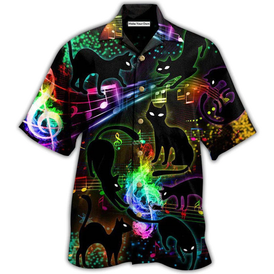 Black Magical Cat Light Cats Music Notes Hawaiian Shirt Design Detail For Beach Days And Holiday Travel