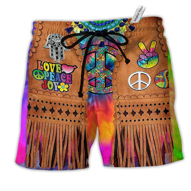 Hippie Peace Life Cowboy Style Hawaiian Print Beach Shorts For Western Summer Vacation Wear