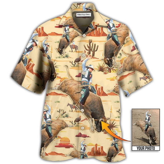 Tropical Cowboy Bull Riding Custom Photo Hawaiian Shirt Pattern Detail For Vacation Travel And Daily Wear