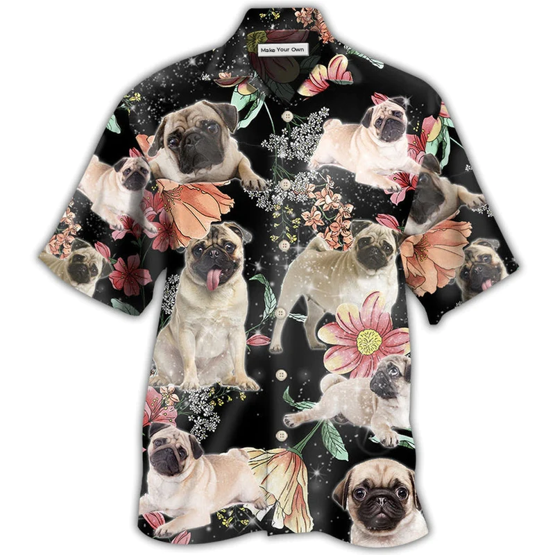 Tropical Floral Pug Hawaiian Shirt For Vacation Getaways Resort Wear And Casual Celebrations