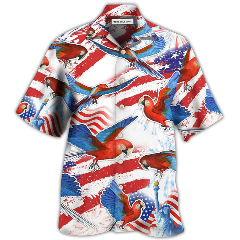 Parrot US Flag Independence Day Hawaiian Shirt For Summer Vacation And Beach Travel