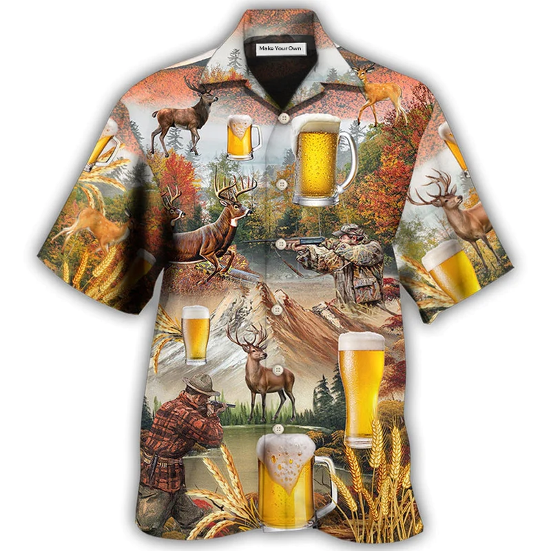 Deer Beer Hunting Autumn Mountain Hawaiian Shirt For Vacation Days And Relaxed Coastal Outings