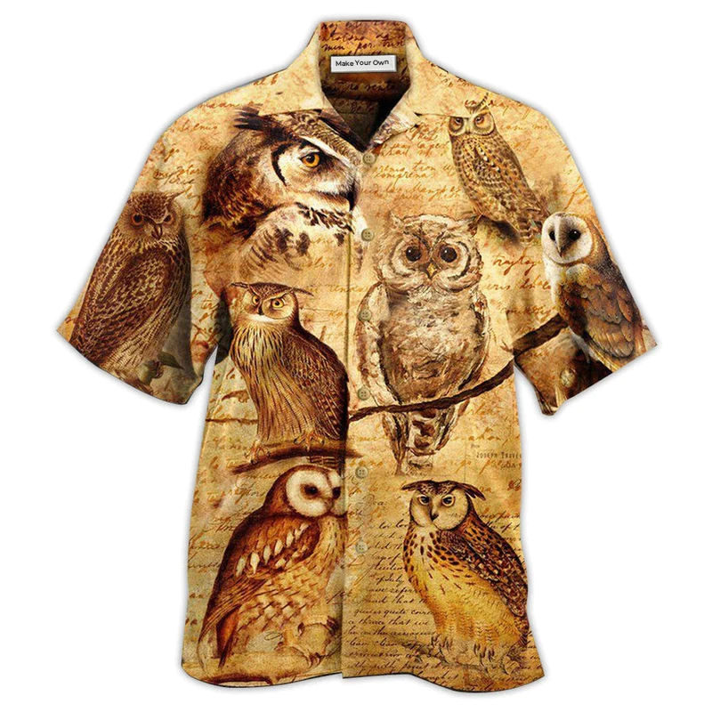 Vintage Owl Wise Hawaiian Shirt Artwork Detail For Resort Trips And Outdoor Activities