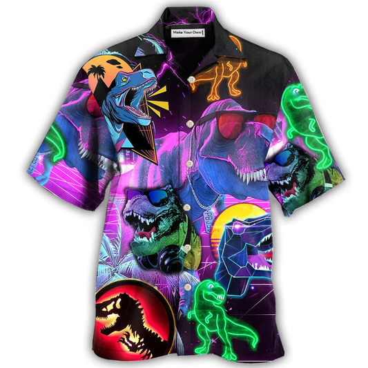 Neon Dinosaur Rex Hawaiian Shirt Design Detail For Sunny Adventures And Casual Wear