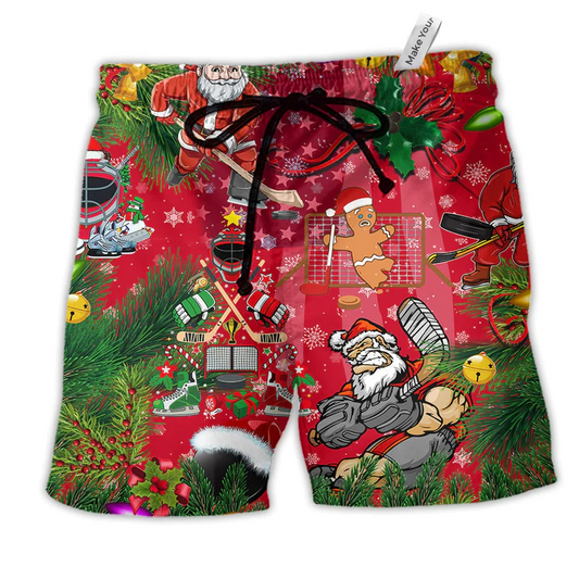 Christmas Come On Play Hockey With Santa Claus Beach Shorts For Festive Vacation Wear