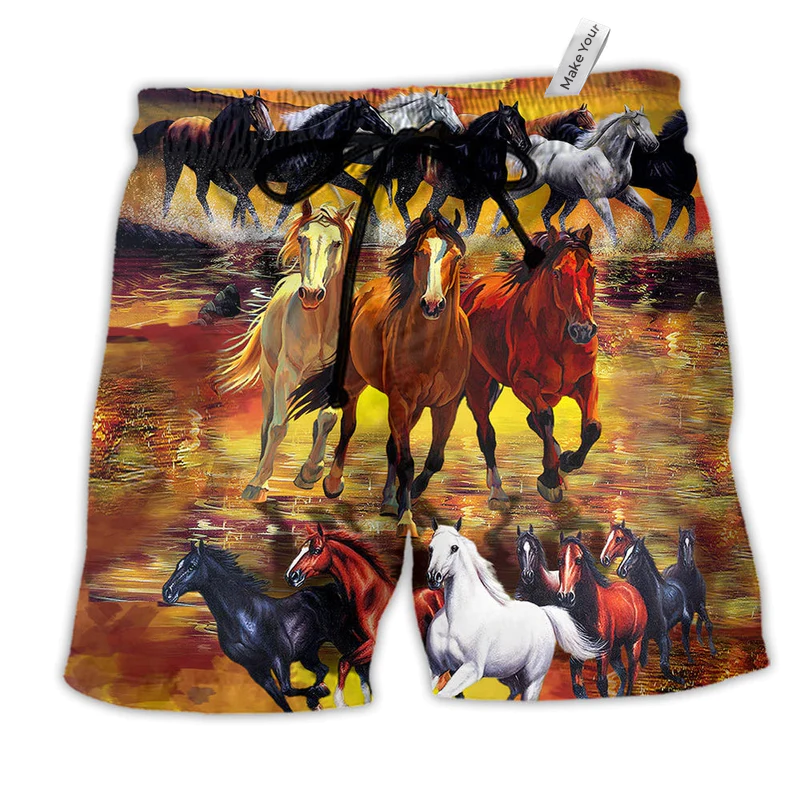 Horse Run Classic Style Hawaiian Print Beach Shorts For Sunny Getaways And Gifting