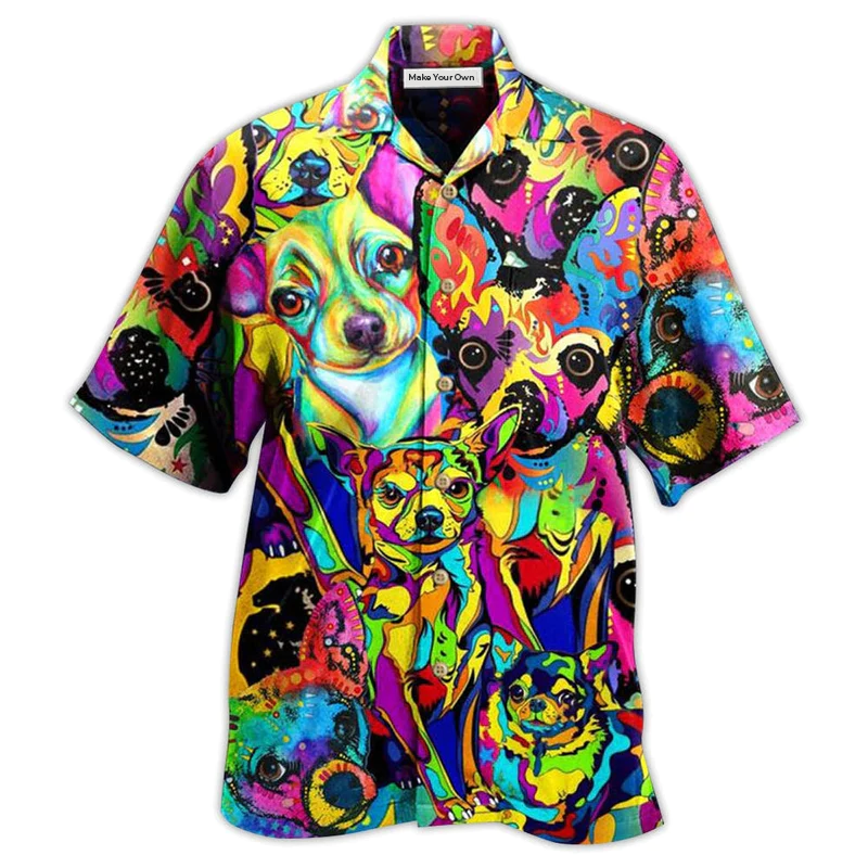 Colorful Watercolor Chihuahua Hawaiian Shirt Design Detail For Sunny Adventures And Casual Wear