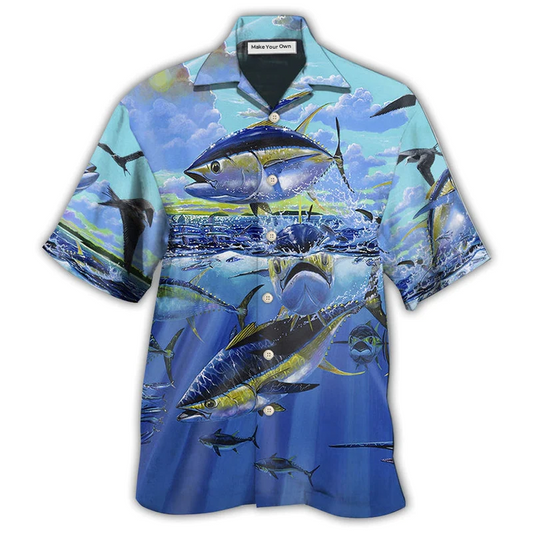 Blue Fishing Tuna Sky Ocean Hawaiian Shirt Design View For Casual Summer Styling