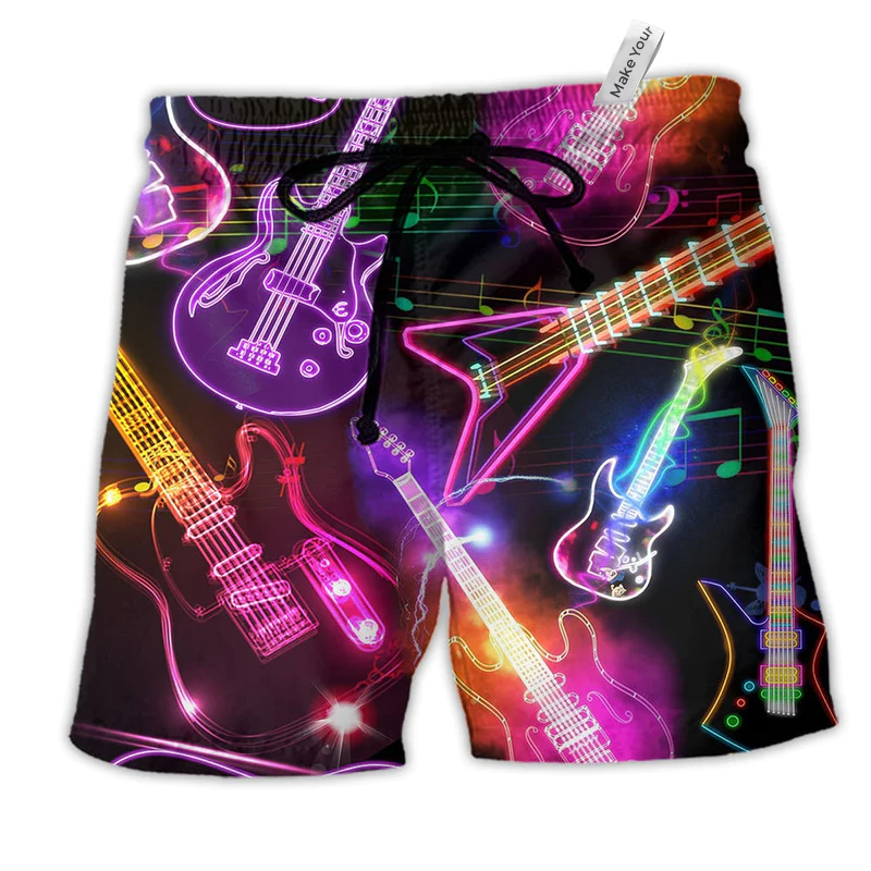 Guitar Amazing Neon Christmas Hawaiian Print Beach Shorts For Warm Weather Celebrations