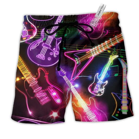 Guitar Amazing Neon Christmas Hawaiian Print Beach Shorts For Warm Weather Celebrations