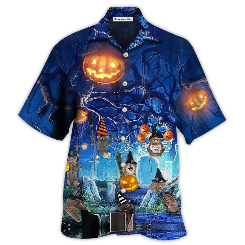 Blue Cat Halloween Night Hawaiian Shirt Artwork View For Coastal Escapes And Resort Style