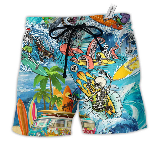 Hippie Live To Surf To Live Hawaiian Print Beach Shorts For Tropical Coastal Getaways