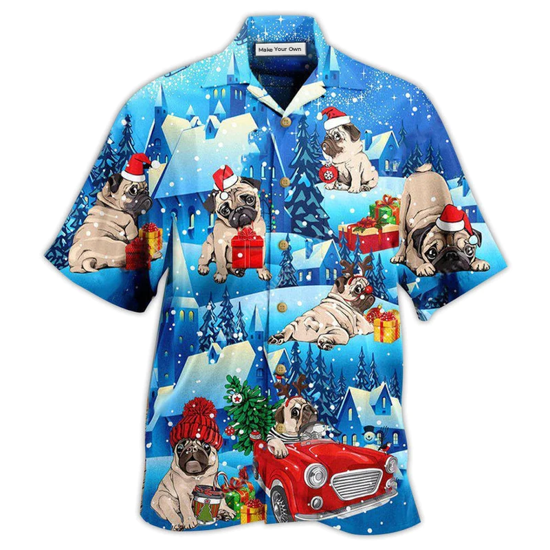Festive Dog Pug Chrismas Hawaiian Shirt Pattern Detail For Vacation Travel And Daily Wear