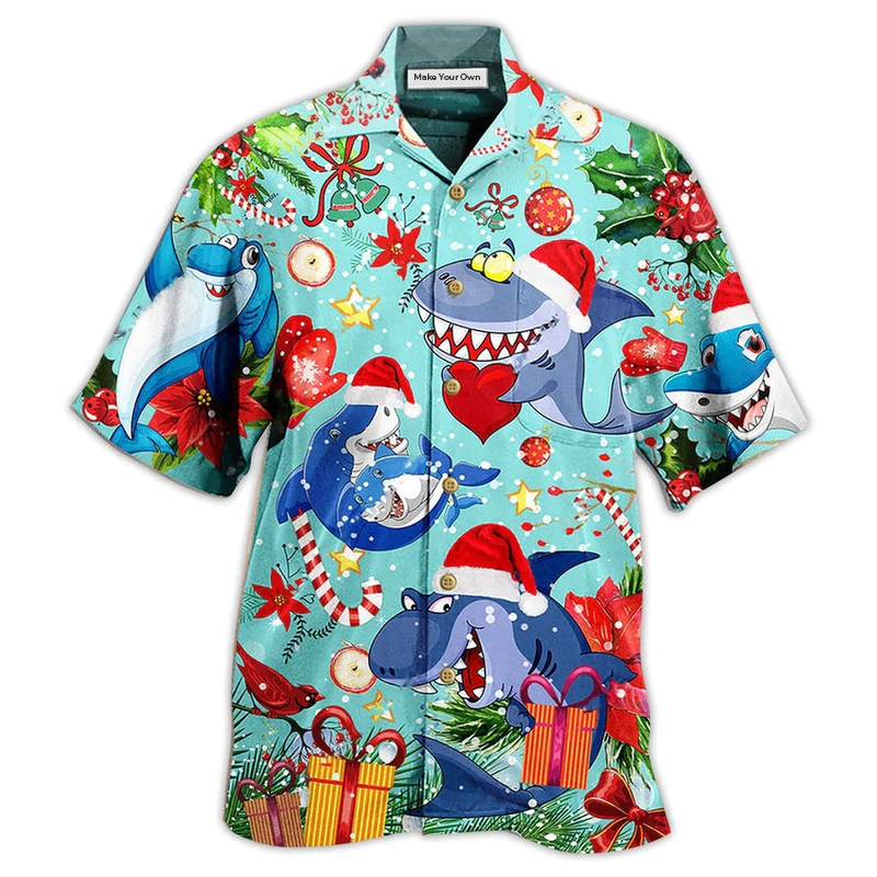 Shark Christmas Hawaiian Shirt Artwork Detail For Tropical Trips And Casual Outings