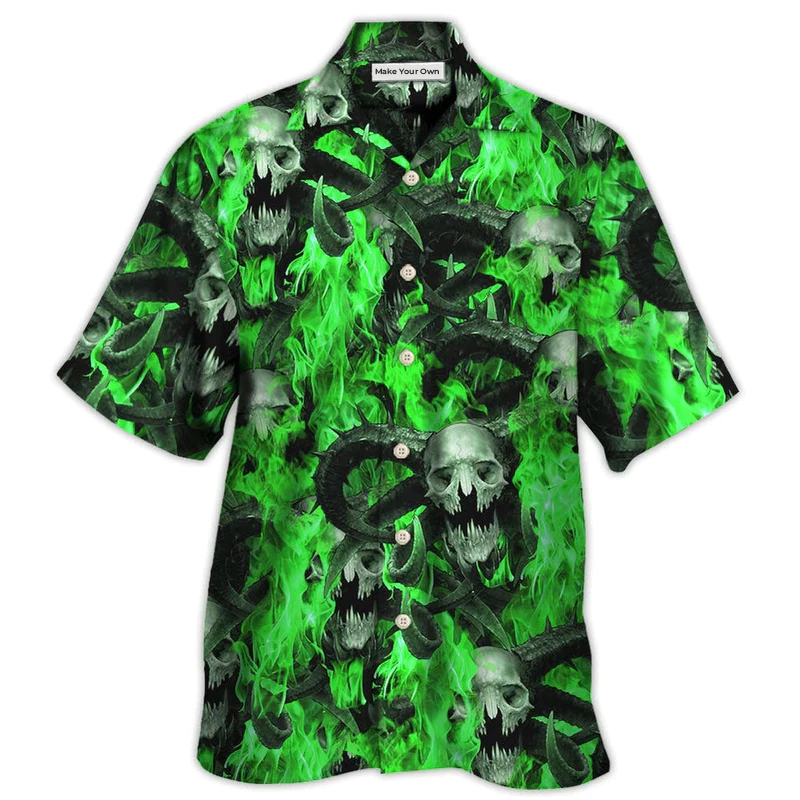 Green Skull Flame Burn Hawaiian Shirt For Coastal Adventures And Warm Weather Wear