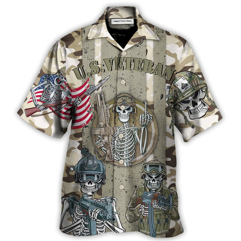 Skull Veteran Us American Flag Hawaiian Shirt Pattern View For Lightweight Everyday Style