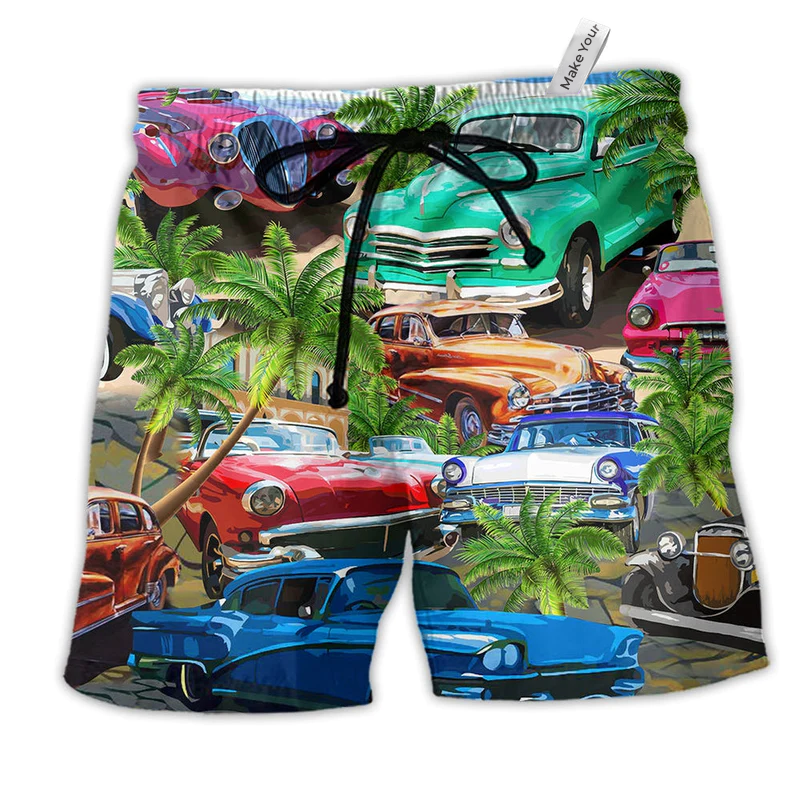 Car Classic Make Me Happy Hawaiian Print Beach Shorts For Weekend Getaways And Travel
