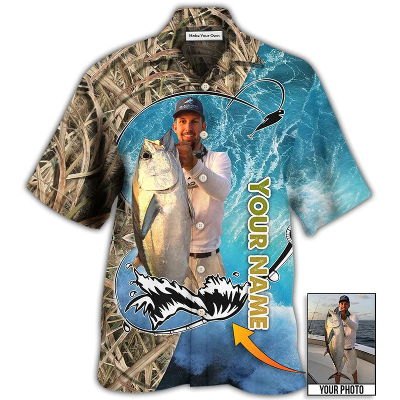 Blue Fishing Water Custom Photo Personalized Hawaiian Shirt Pattern View For Lightweight Everyday Style